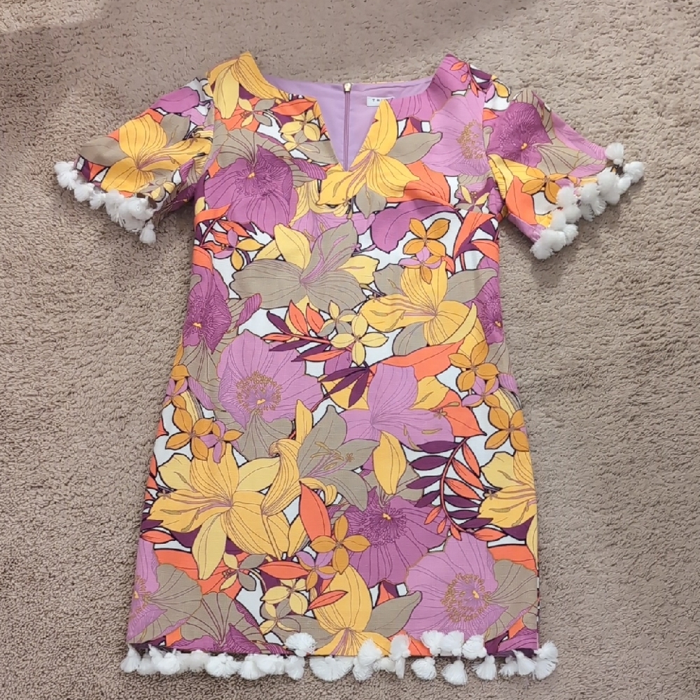 Trina Turk Yellow and Pink Puff Sleeve Sheath Dress